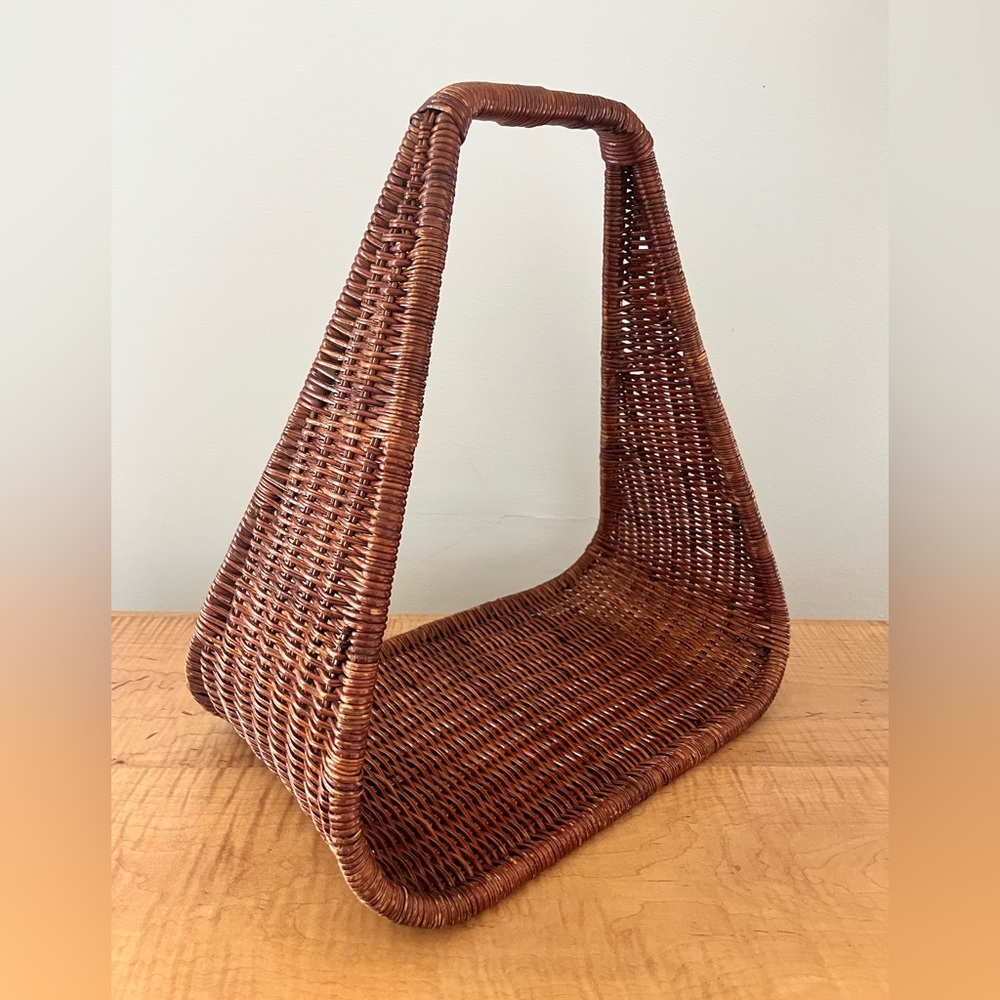 Vintage Wicker Magazine Basket: Log Holder;  Mid-Century Modern Towel Rack
